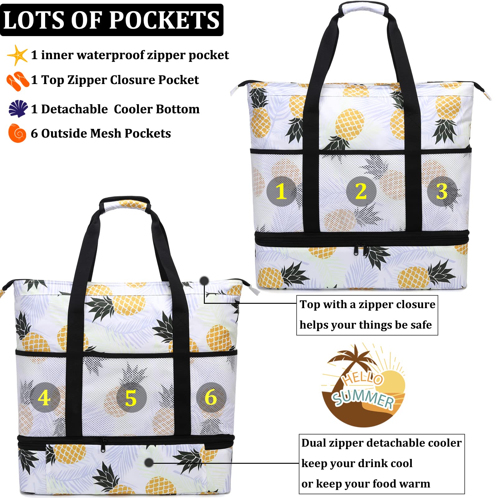 Waterproof Sandproof Beach Tote Bag for Women - Large Cooler Tote with Zipper for Pool & Travel