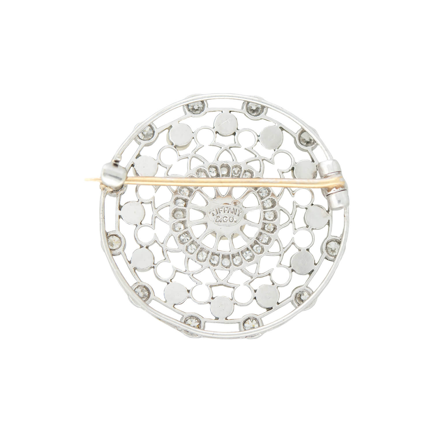 Tiffany & Co. Edwardian Platinum Diamond and Pearl Filigree Circle Brooch Pin - Vintage Jewelry for Weddings, Parties & Special Occasions