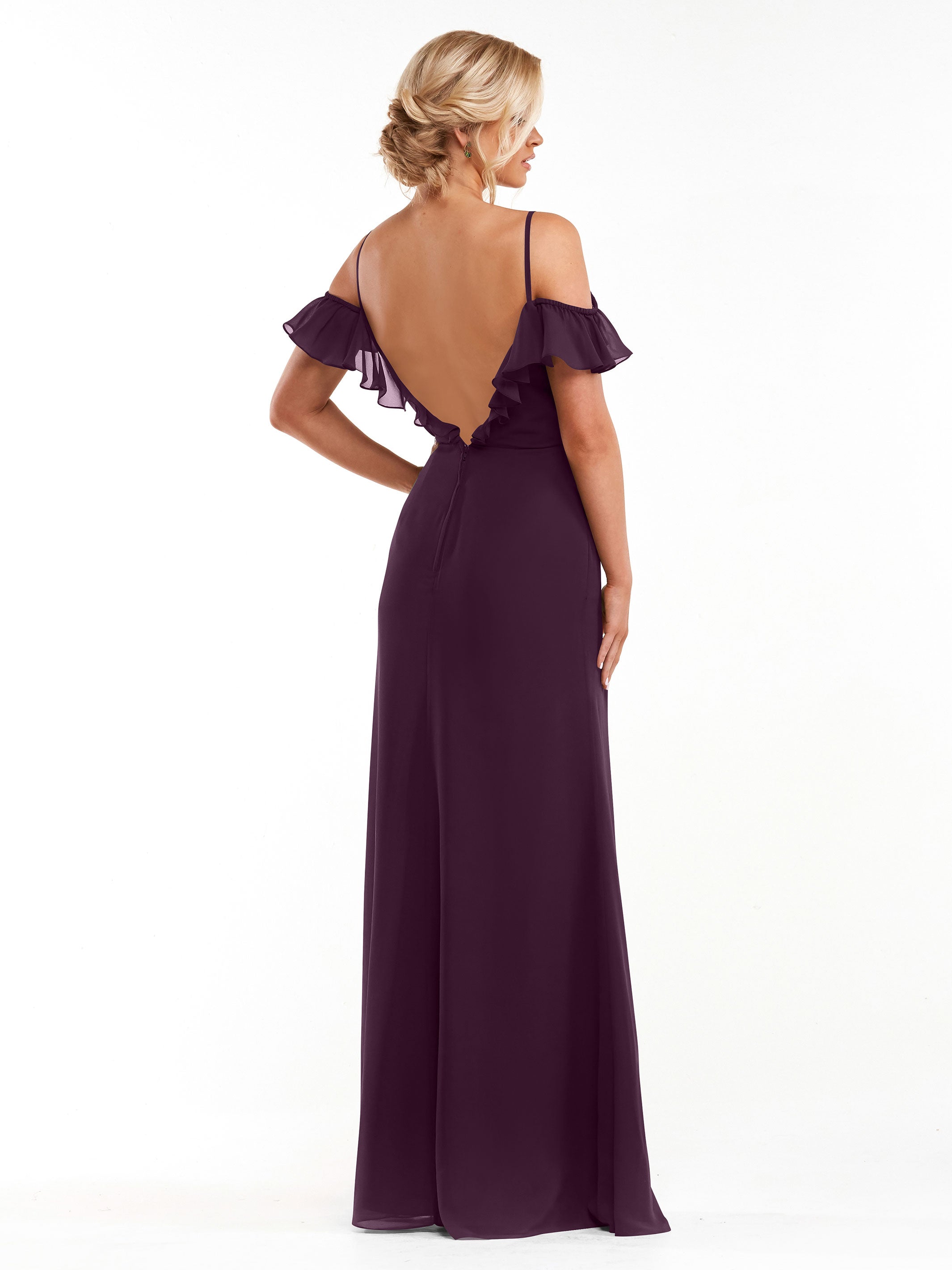 Elegant 80172 Chiffon Off-The-Shoulder A-Line Bridesmaid Dress with Ruffled Neckline - Perfect for Weddings, Formal Events & Evening Parties