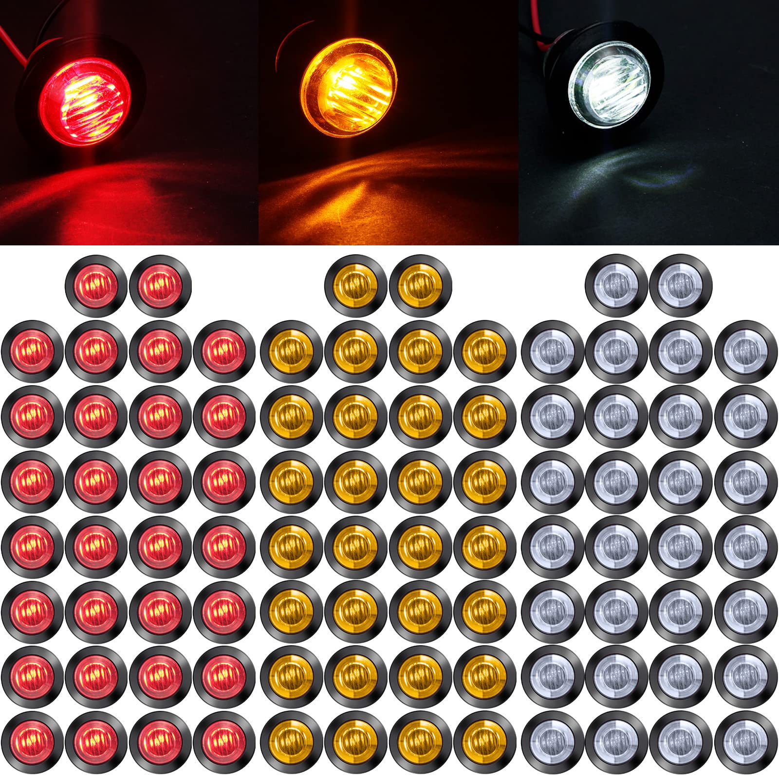90 Pack 3/4 Inch LED Side Marker Lights - Mini Trailer Button Lights with 3 LED Sealed Flush Mount Bulb - 12V DC Amber/Red/White Round Signal Lamps for Boat, Truck, Pickup, Bus & RVs - Perfect for Night Driving & Safety Visibility