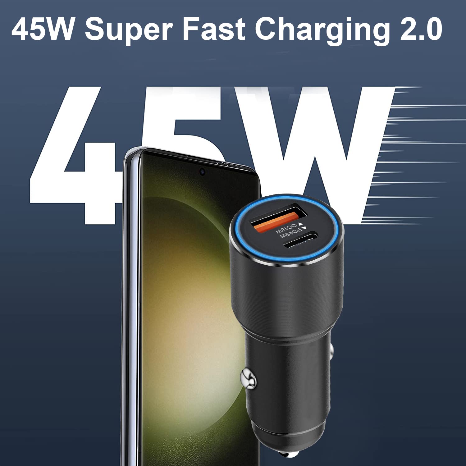 63W Fast Car Charger with USB-C & USB-A Ports for Samsung Galaxy S24/S24+/S25/S25 Ultra/S23 FE/S22/S21/A Series - Dual Port 45W PD & 18W Quick Charge - Perfect for Road Trips & Daily Commute