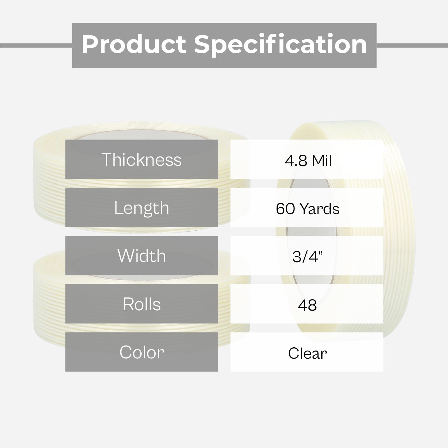 PSBM Filament Reinforced Tape - 3/4 Inch x 60 Yards, 48 Pack Clear Fiberglass Strand Strapping Tape [Extreme Heavy Duty] for Shipping, Packaging & Industrial Use