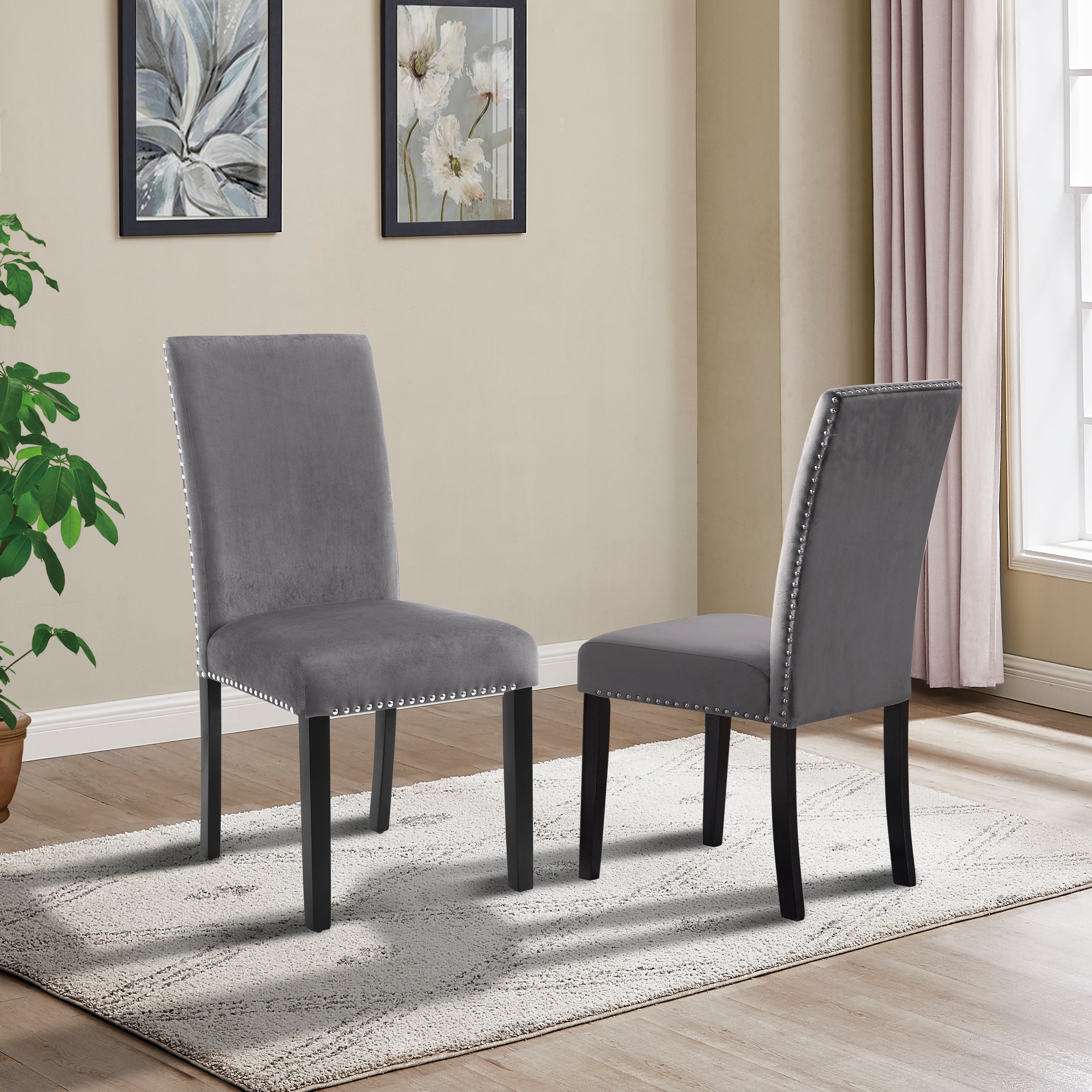 Roundhill Furniture Cobre Contemporary Velvet Dining Chairs with Nailhead Trim - Set of 2 Gray Upholstered Side Chairs for Dining Room, Kitchen, or Breakfast Nook