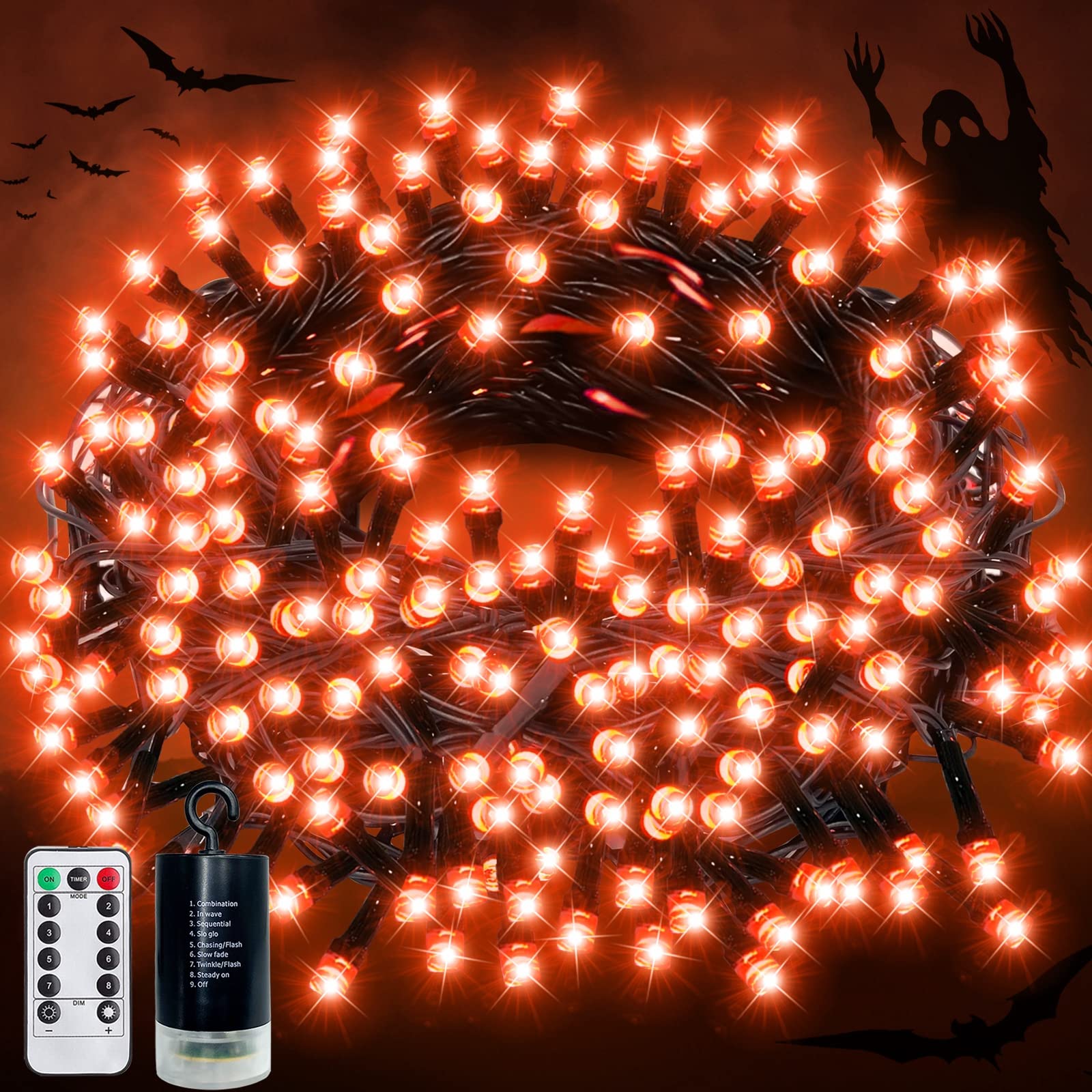 200 LED Halloween String Lights - 66 Ft Battery Operated Waterproof Outdoor/Indoor Lights with Timer & Remote, 8 Lighting Modes - Perfect for Halloween Decor, Christmas Tree, Garden, Yard, Party & Home Decoration (Orange)
