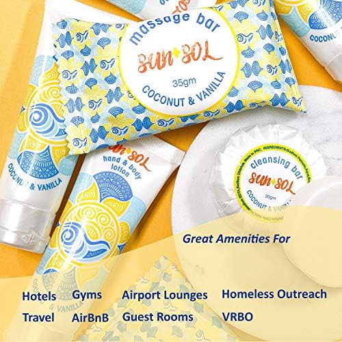 Sun + Sol Bulk Moisturizing Massage Bar with Warm Coconut & Vanilla Scents - Travel Size Toiletries for Spa, Yoga & Relaxation - Sachet Wrapped Coconut Vanilla Aromatherapy Soap Bar