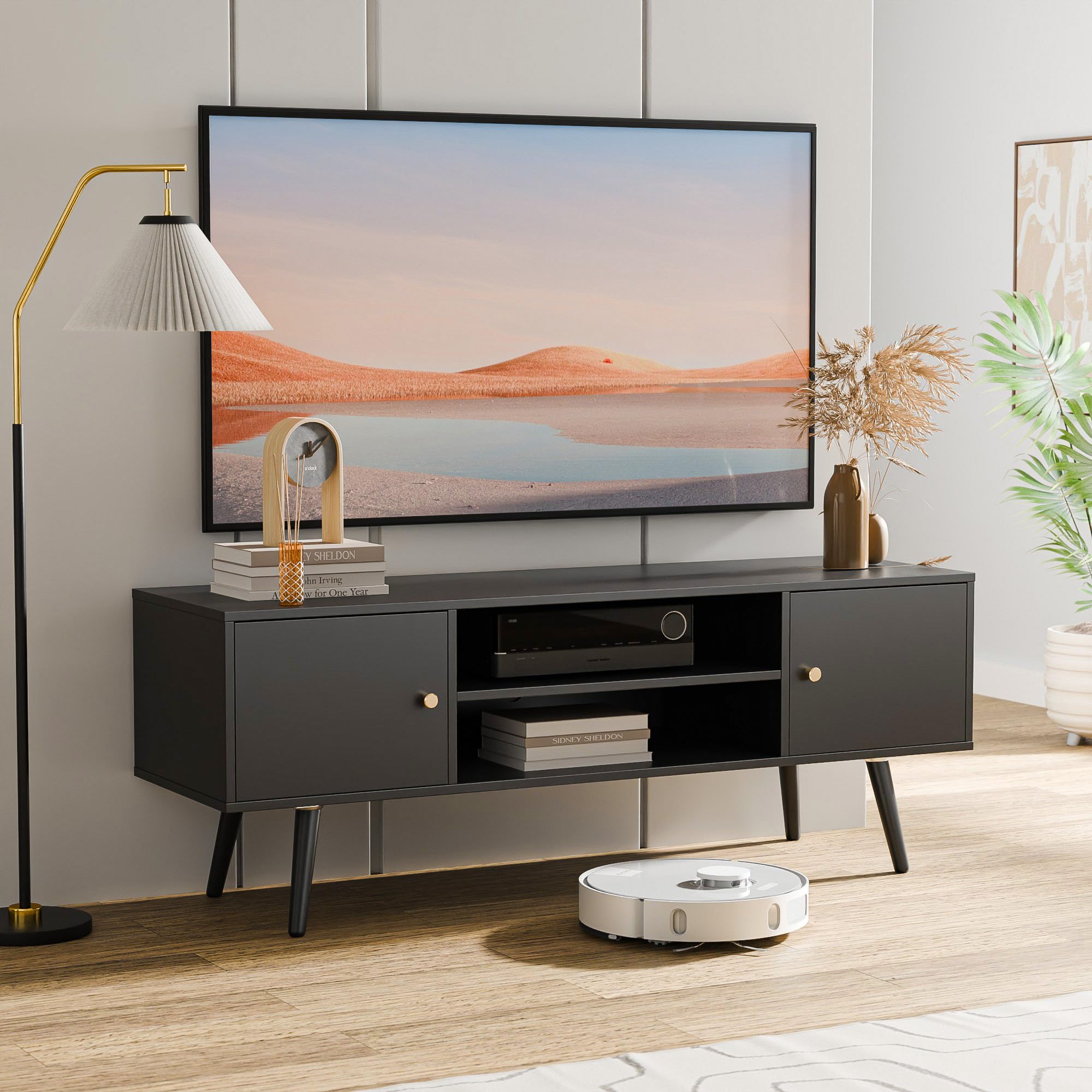 Mid Century Modern TV Stand for 55-60 Inch TVs - Cozy Castle Entertainment Center with Storage | Media Console Table for Living Room, Bedroom & Office | Perfect for Home Theater & Media Organization