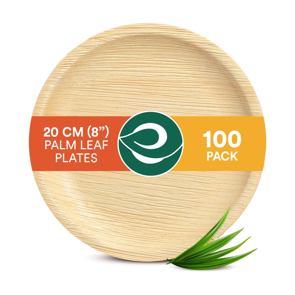 ECO SOUL Compostable 8 Inch Palm Leaf Round Plates (100 Count) - Biodegradable & Eco-Friendly Dinnerware | Microwave & Oven Safe | Perfect for Parties, Picnics & Sustainable Living