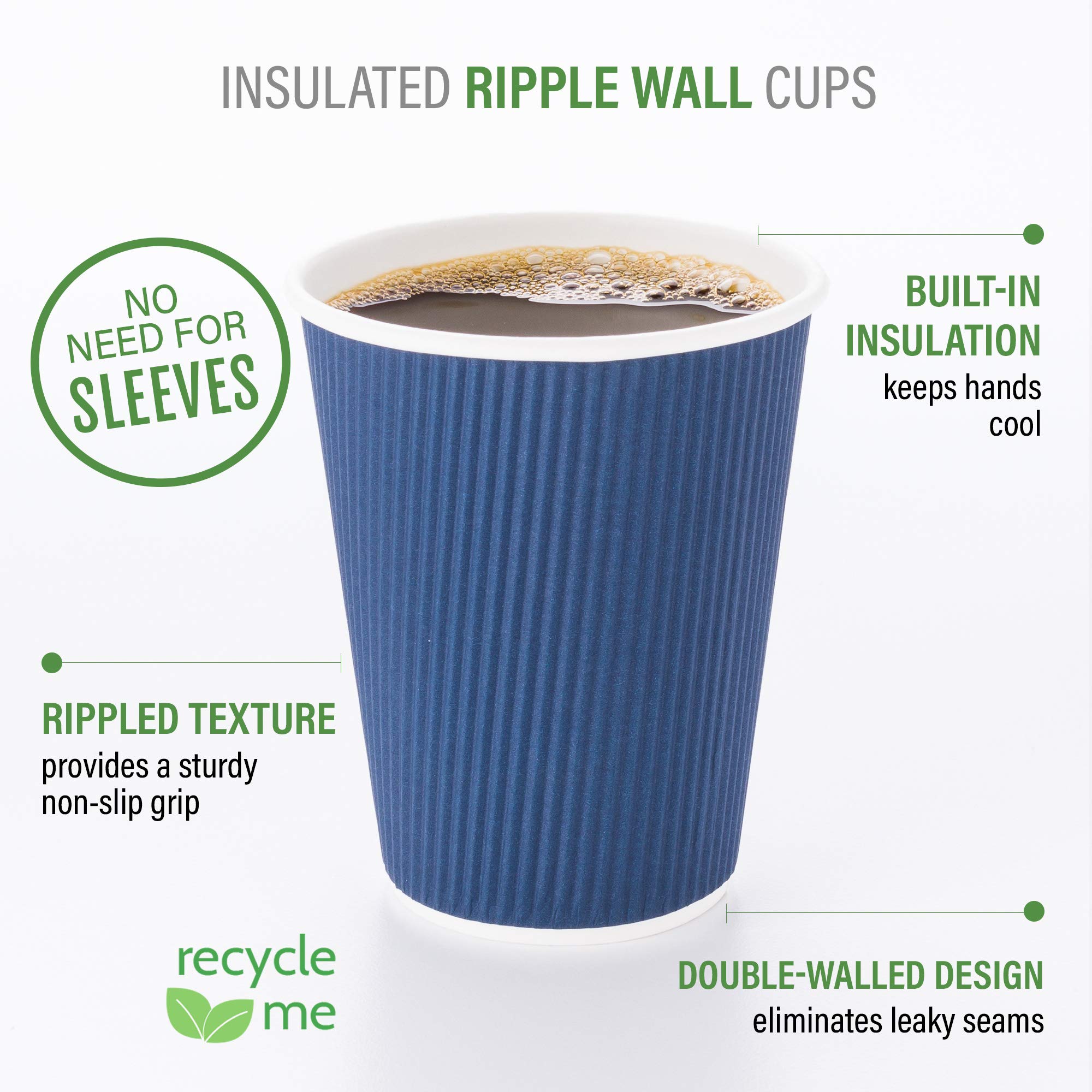 Restaurantware 16oz Disposable Coffee Cups - 500 Pack Insulated Ripple Wall Hot Paper Cups with Rolled Rim (Midnight Blue) for Coffee, Tea & Hot Beverages - Perfect for Cafes, Offices & Catering Events (Lids Sold Separately)