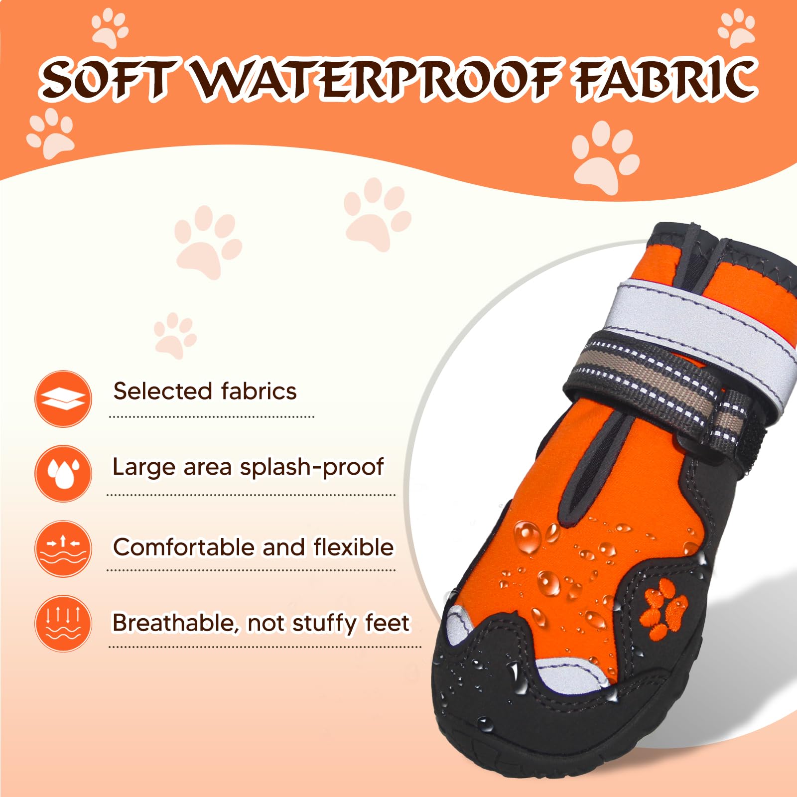 FISHOAKY Waterproof Dog Boots for Medium Dogs - Anti Slip Paw Protectors for Winter Snow & Hot Summer Pavement - 4 Pack Orange Dog Shoes Size 5 - Perfect for Walking, Hiking & Outdoor Adventures