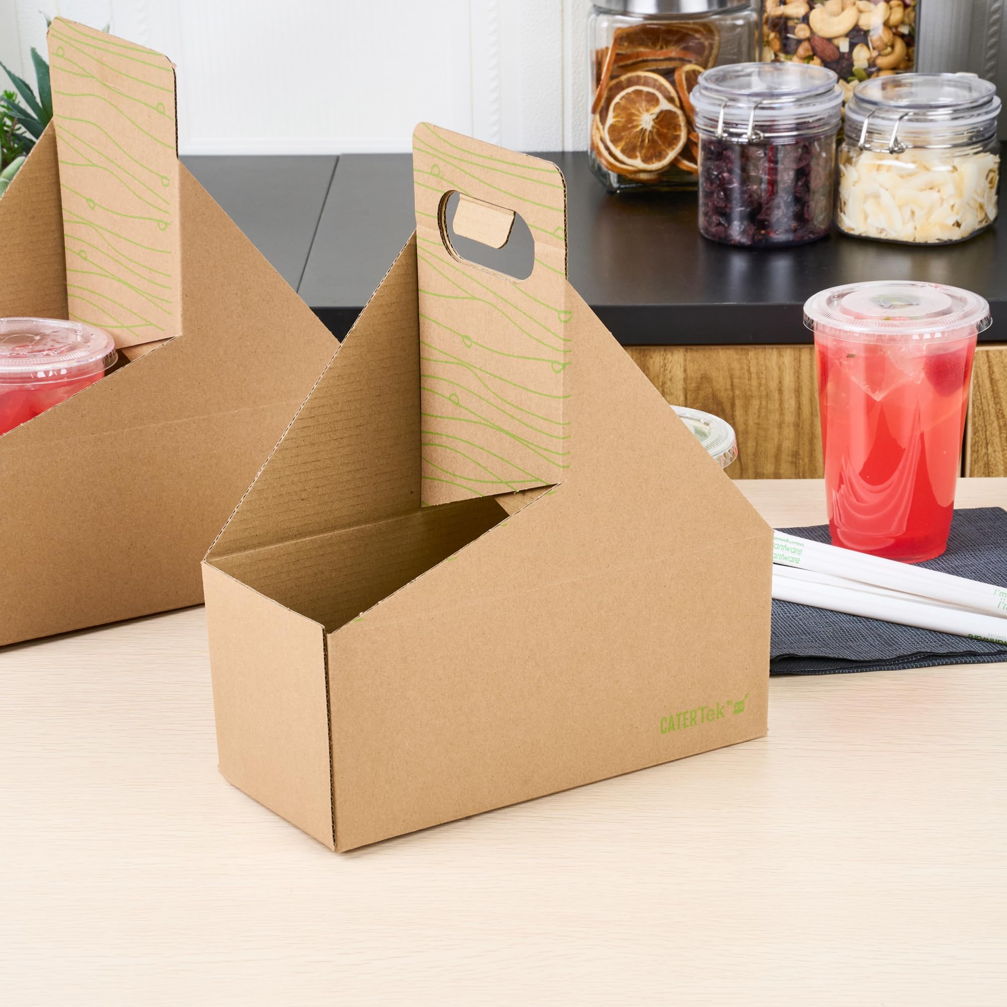 Restaurantware Cater Tek 100-Pack Disposable Cup Carriers with Handles - Kraft & Green Paper Drink Holders for 2 Cups, Perfect for Delivery, Takeout, Coffee Shops, and Beverage Businesses