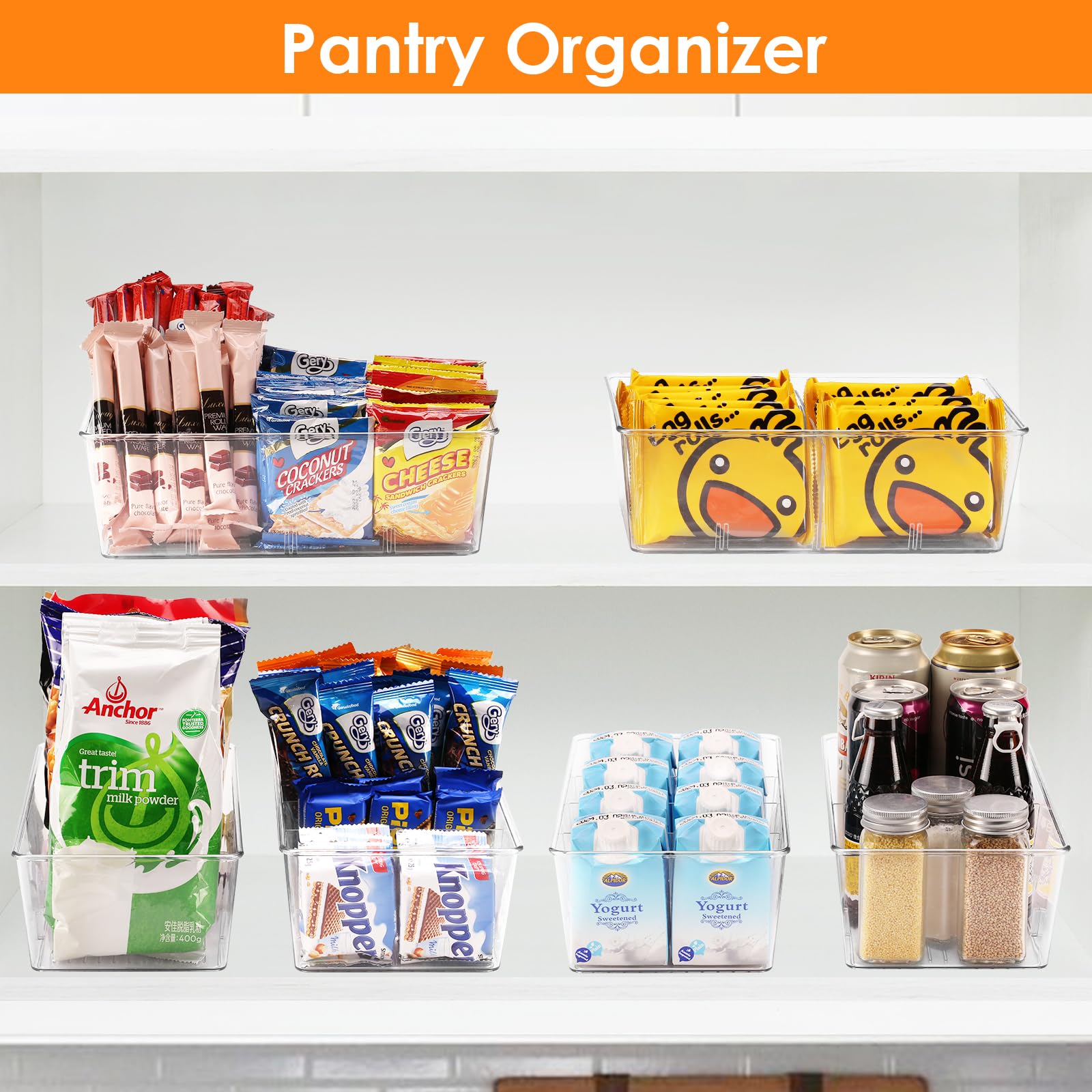 Hronta 2 Pack Clear Kitchen Storage Bins - 4 Compartment Pantry Organizer for Snacks, Spices, Tea Bags - Fridge & Cabinet Organization Solutions for Home, Office, Dorm Room