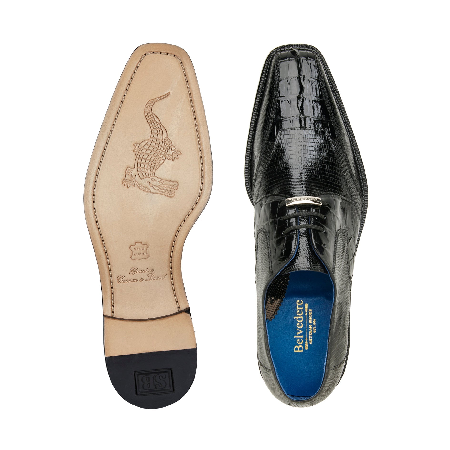 Belvedere Valter Genuine Caiman Crocodile & Lizard Leather Dress Shoes for Men - Black Formal Business Shoes - Premium Luxury Office & Wedding Footwear (Style 1480)