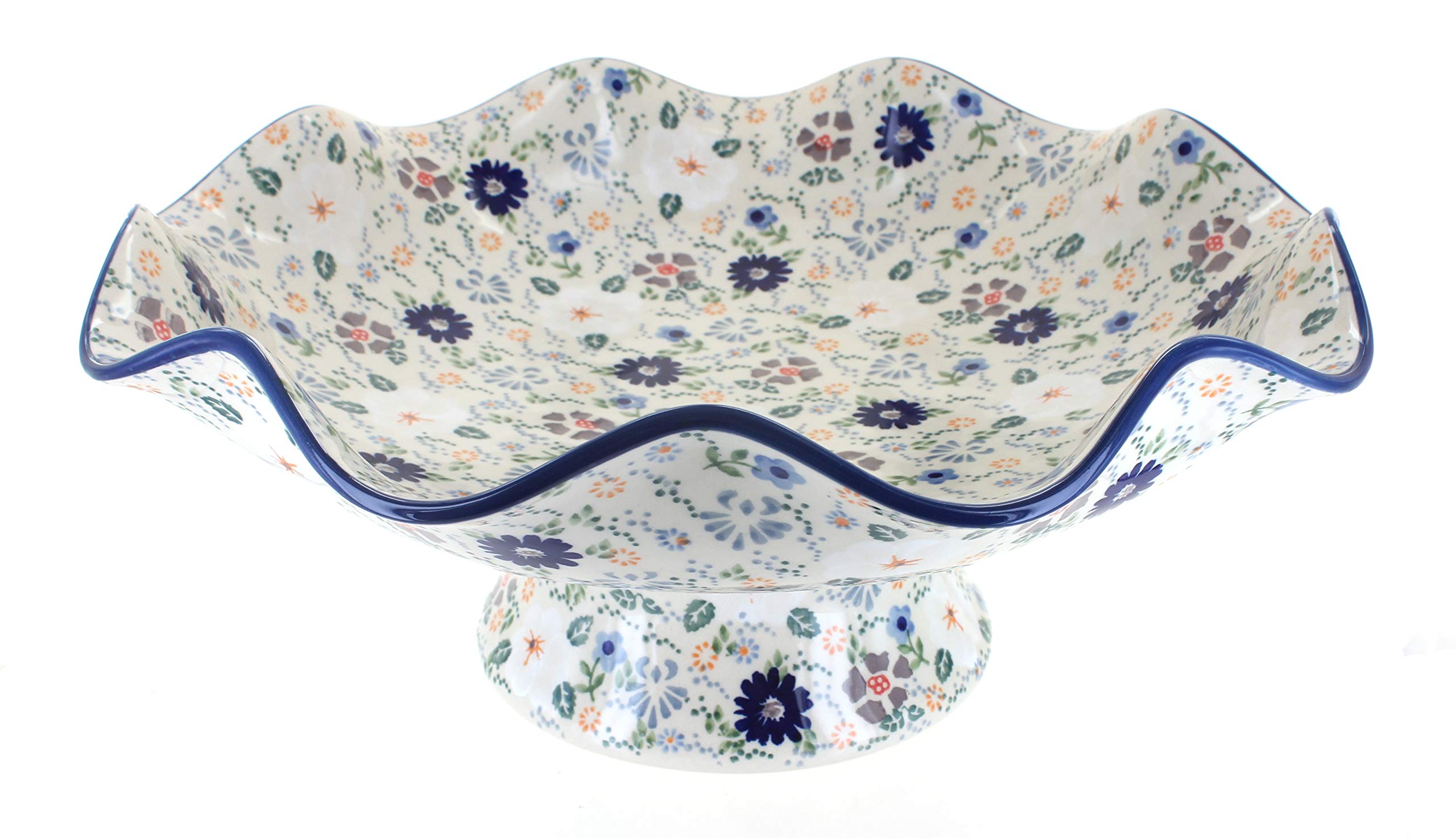 Blue Rose Polish Pottery Carnival Large Fluted Pedestal Bowl - Handcrafted Ceramic Serving Dish for Fruit, Salad & Home Decor