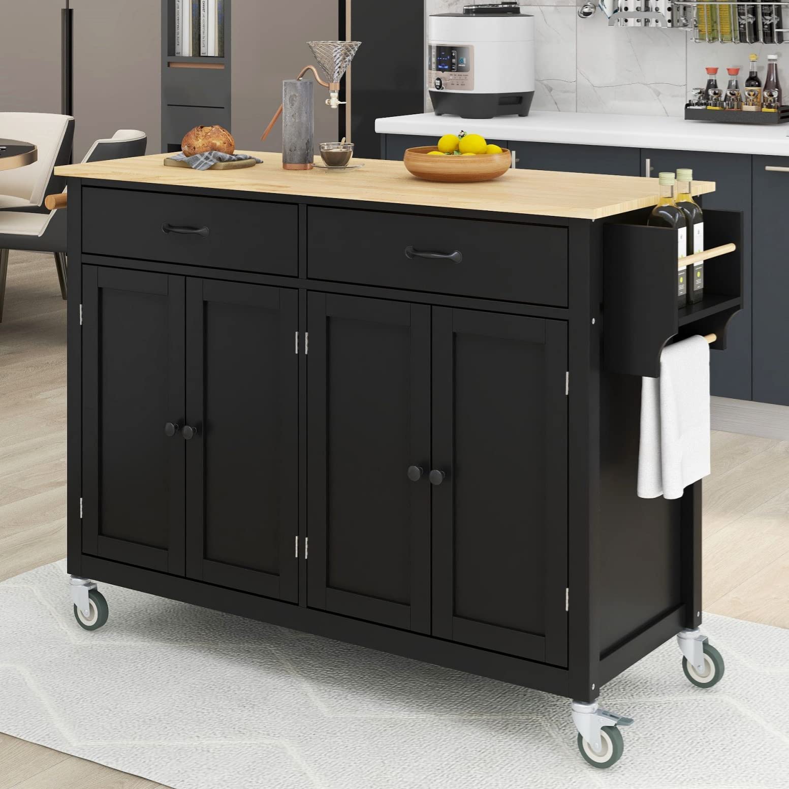 Premium Kitchen Island Cart with Storage - Solid Wood Countertop, 4-Door Cabinet & 2 Drawers, Towel Rack & Spice Rack - Mobile Kitchen Trolley with Wheels (Black) - Perfect for Small Kitchens, Food Prep, and Extra Counter Space