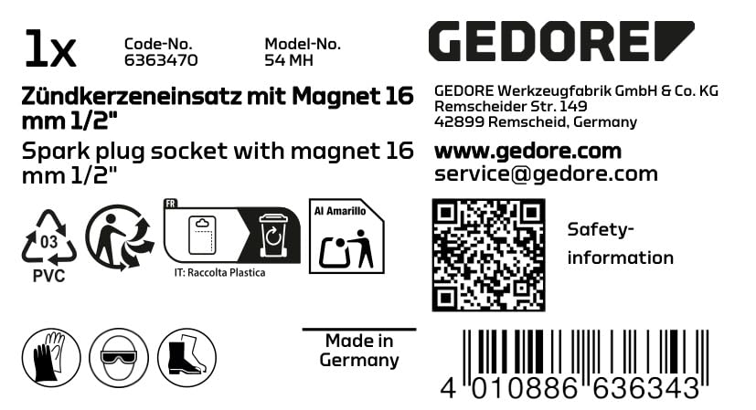 GEDORE 54MH Magnetic Spark Plug Socket - 16mm 1/2