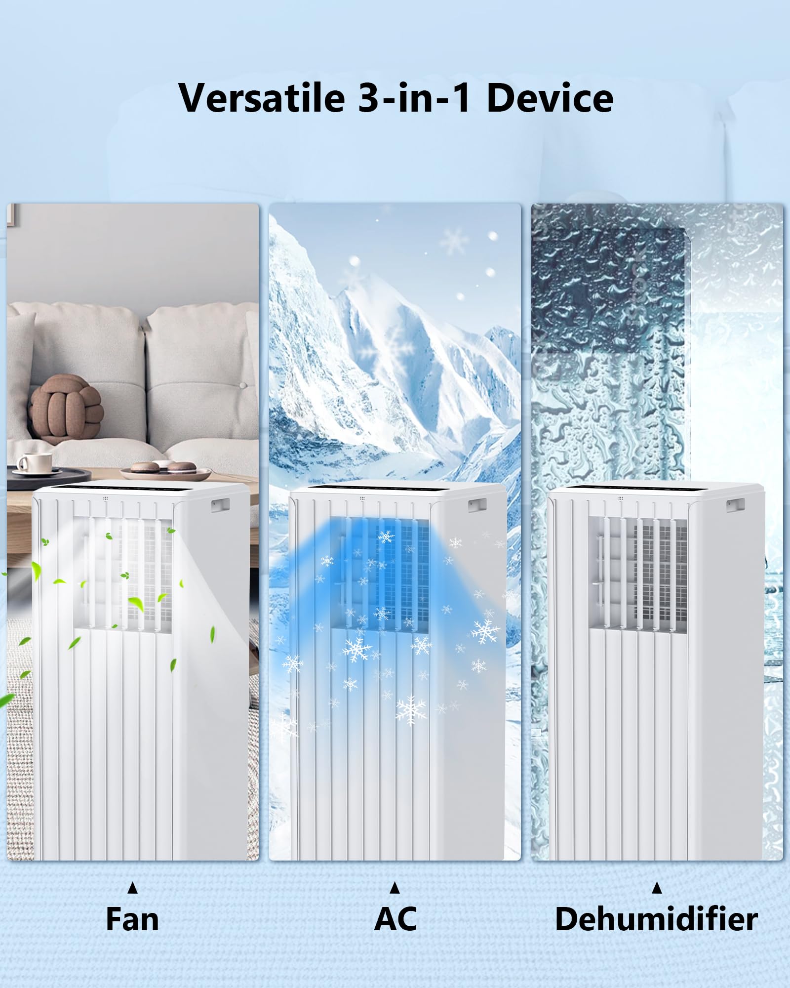 8000 BTU Portable Air Conditioner with Dehumidifier & Fan - Remote Control, Cools up to 300 Sq.Ft - Perfect for Bedroom, Kitchen, Office & Small Spaces | ASHRAE Certified