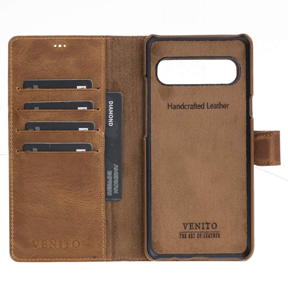 Venito Florence Genuine Leather Wallet Phone Case for Samsung Galaxy S10 5G - RFID Blocking for Security - Detachable Card Holder - Antique Brown - Perfect for Travel, Business & Everyday Use