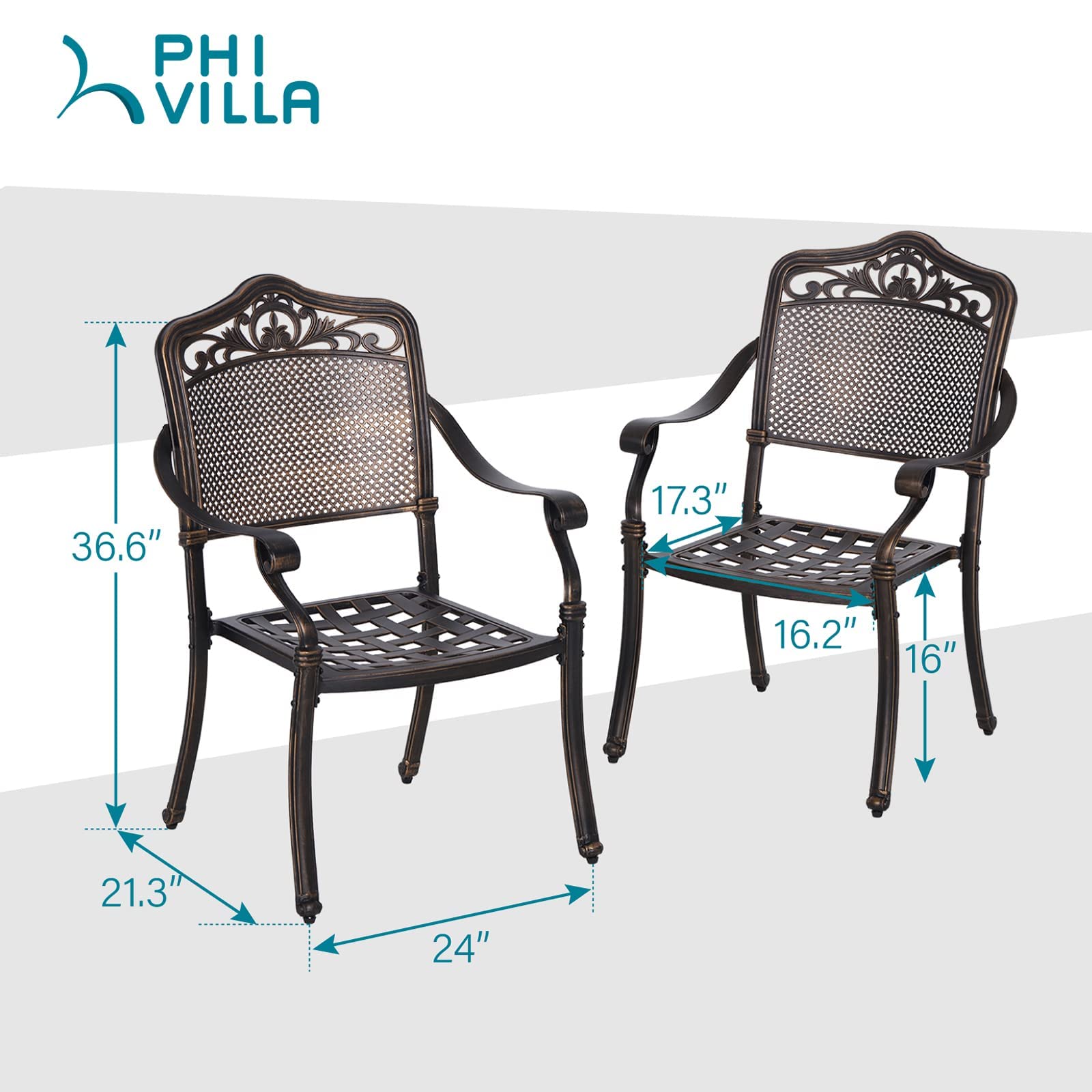 PHI VILLA Patio Dining Chairs Set of 2 - Weather-Resistant Cast Aluminum Outdoor Bistro Chairs with Curved Armrests - Golden Bronze Patio Furniture for Deck, Balcony, Garden & Backyard Dining