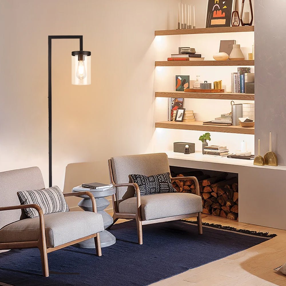 Modern Industrial Square Base Floor Lamp - Rustic Farmhouse Metal Standing Light with Hanging Glass Shade, Tall Pole Reading Lamp for Living Room, Bedroom, Office | Bulb Included | Perfect for Cozy Reading Nooks & Home Office Lighting