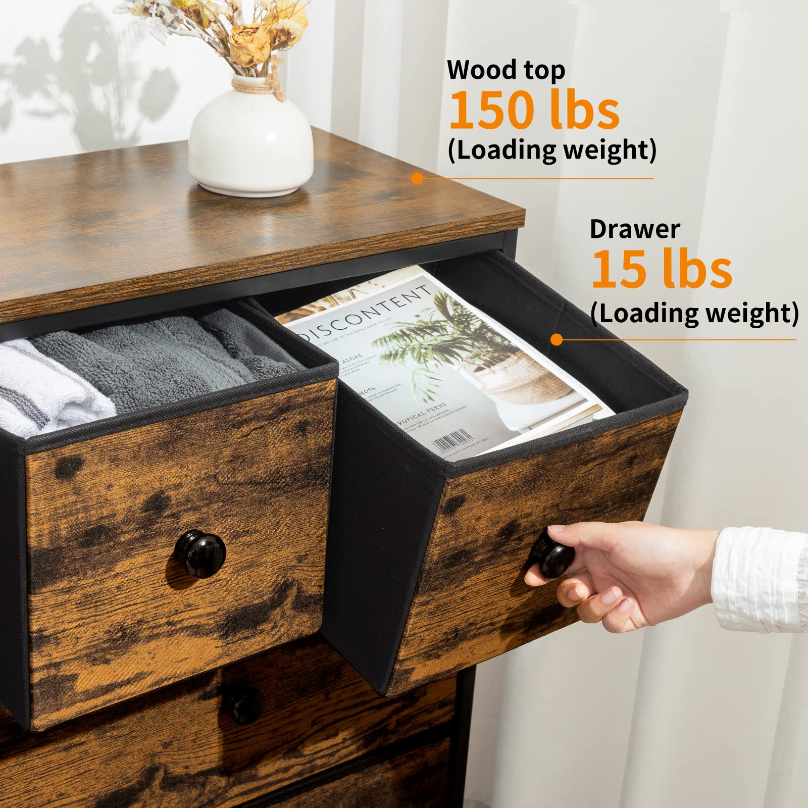 REAHOME 8-Drawer Fabric Dresser with Wooden Top - Sturdy Steel Frame Storage Chest for Bedroom, Living Room, Hallway & Nursery - Rustic Brown (LHM8R1) | Perfect for Closet Organization, Home Decor & Small Space Storage Solutions