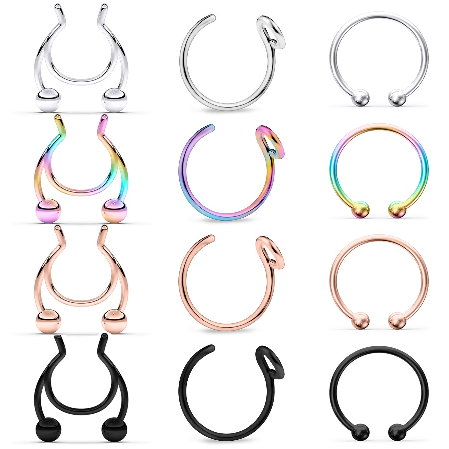 Stainless Steel Fake Nose Rings - Non-Pierced Clip On Septum Hoop Jewelry for Women & Men (4-12pcs) | Perfect for Costume Parties, Halloween & Fashion Accessories