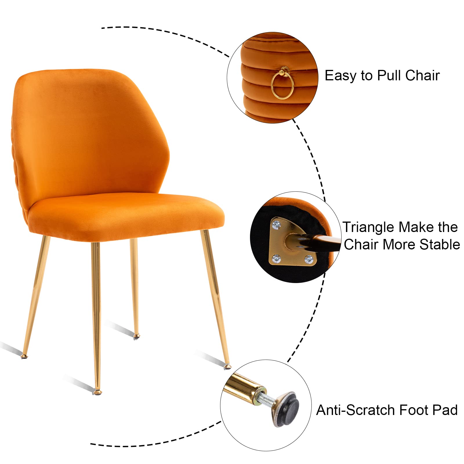 Guyou 4-Piece Velvet Upholstered Dining Chair Set - Modern Tufted Armless Side Chairs with Gold Metal Legs & Ring Pulls for Kitchen, Dining Room, Living Room & Bedroom - Perfect for Entertaining, Family Meals & Home Decor (Orange)