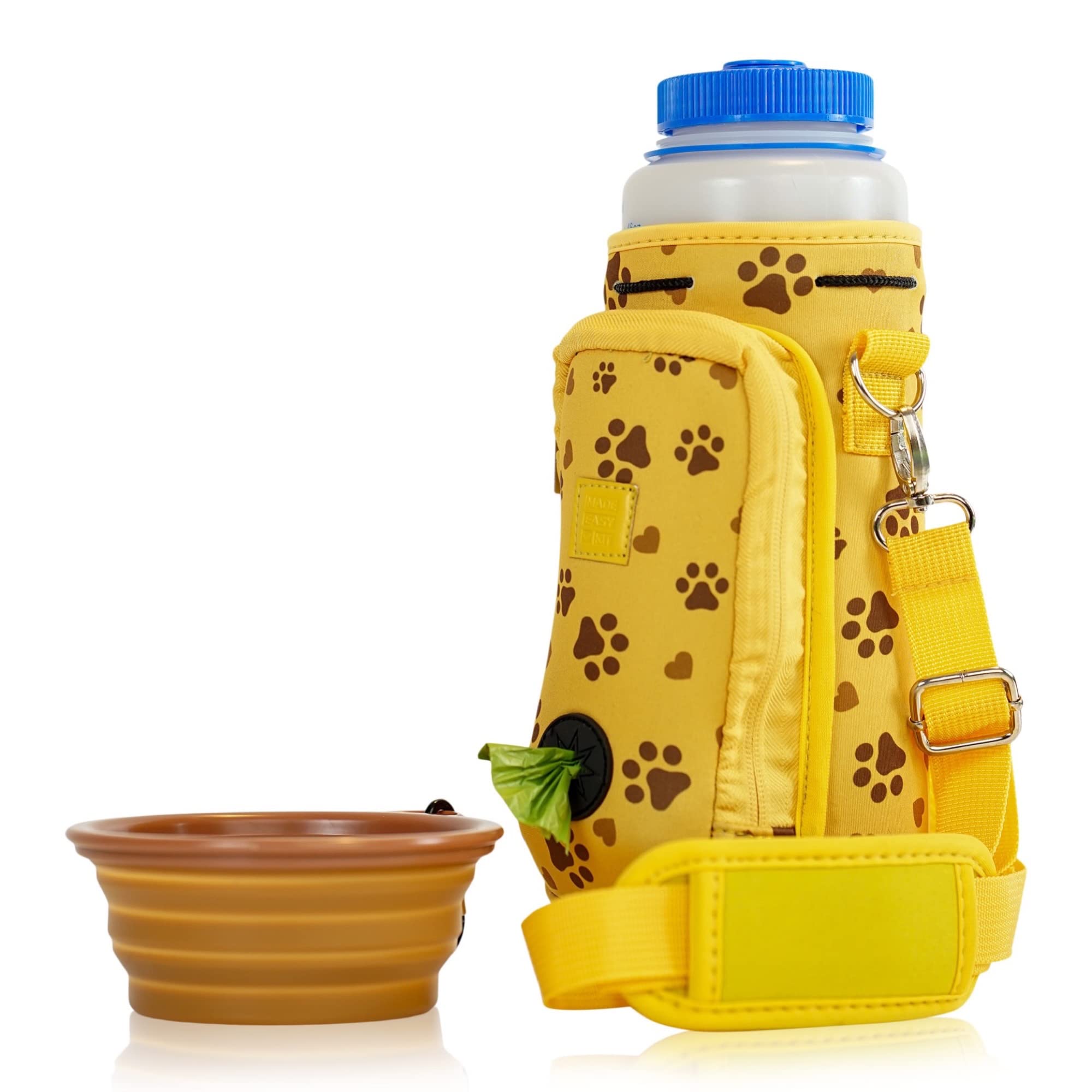 **Premium Adjustable Dog Water Bottle Carrier with Waste Bag Pocket & Padded Shoulder Strap - 40oz Large Capacity, Includes Collapsible Bowl (Yellow Paws & Hearts Design) - Perfect for Hiking, Dog Walks & Outdoor Adventures**