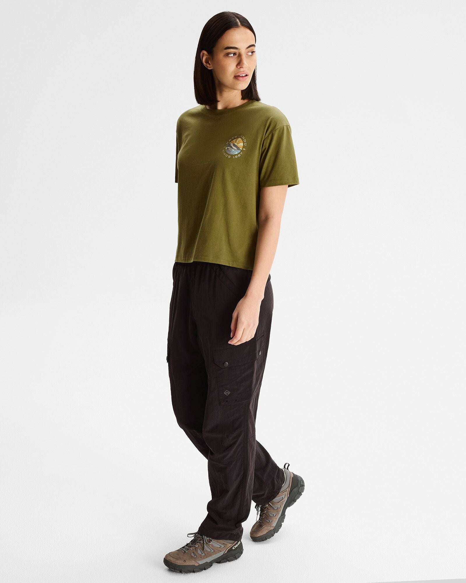 Women's Kathmandu Logo Sunburst Organic Cotton T-Shirt - Dark Fern | Eco-Friendly Casual Tee for Outdoor Adventures & Everyday Wear