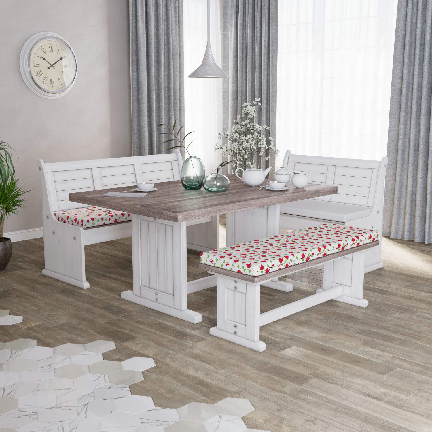 Ambesonne 2-Piece Tea Party Bench Cushion Set - British Style Teapot with Polka Dots & Leaves Design - 45