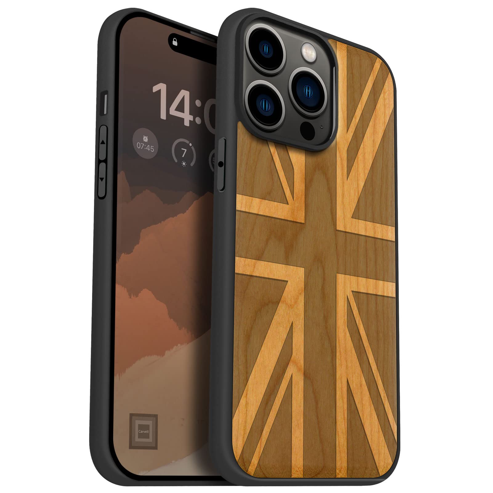 Carveit Magnetic Wooden Case for iPhone 14 Pro Max - Natural Wood & Black TPU Shockproof Protective Cover with Magsafe Compatibility | British Flag Cherry Design | Perfect for Outdoor Adventures & Business Meetings