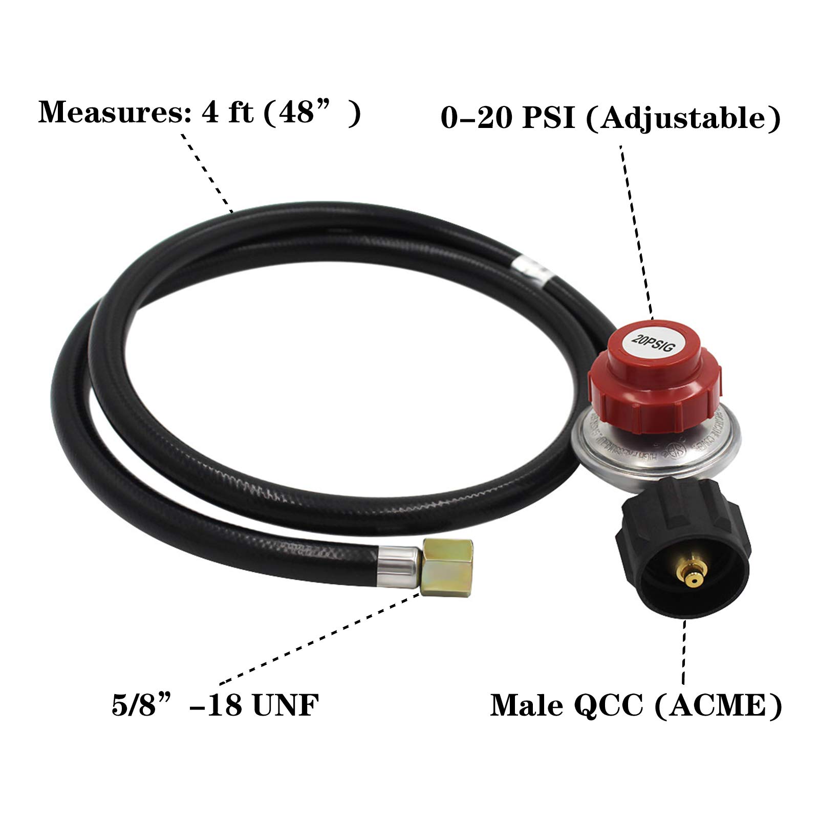 MCAMPAS 0-20 PSI Adjustable Propane Regulator with 4FT Hose - Brass Orifice 1/8