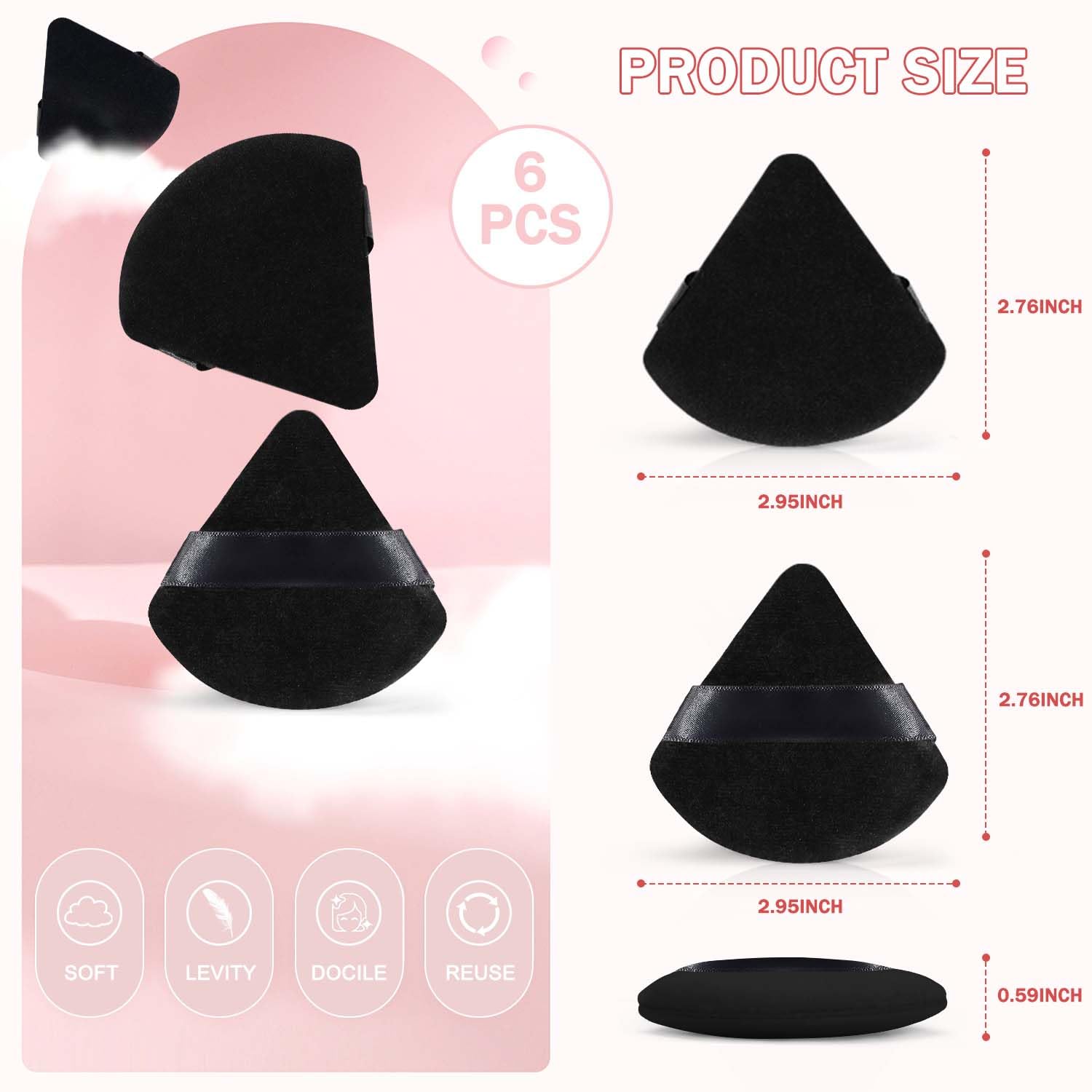 6-Piece Soft Velour Triangle Powder Puff Set - Premium Makeup Sponges for Loose & Body Powder - Black Beauty Blender for Flawless Finish - Perfect for Contouring, Baking & Everyday Makeup Application
