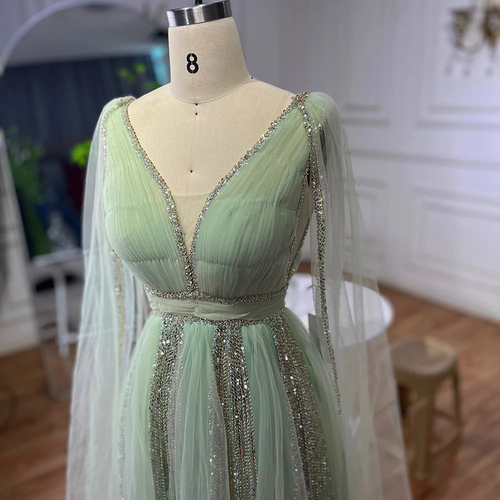 Elegant Sage Green Evening Dress with Cape Sleeves - Yellow Formal Gown for Wedding, Party & Special Occasions | LA72279 | Perfect for Bridesmaids, Prom & Cocktail Events