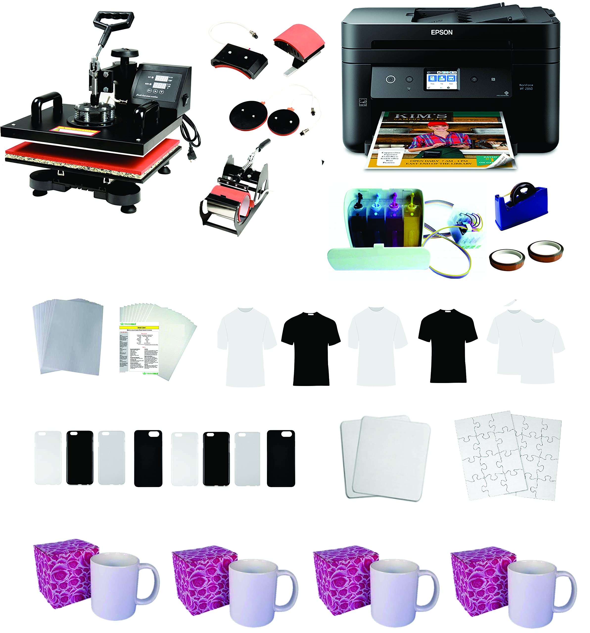 Best Sublimation Printer 15x15in 5-in-1 Pro Heat Press Machine with CISS System & Blank Materials Combo Kit for T-Shirts, Mugs, Hats - Perfect for Home Business & DIY Craft Projects