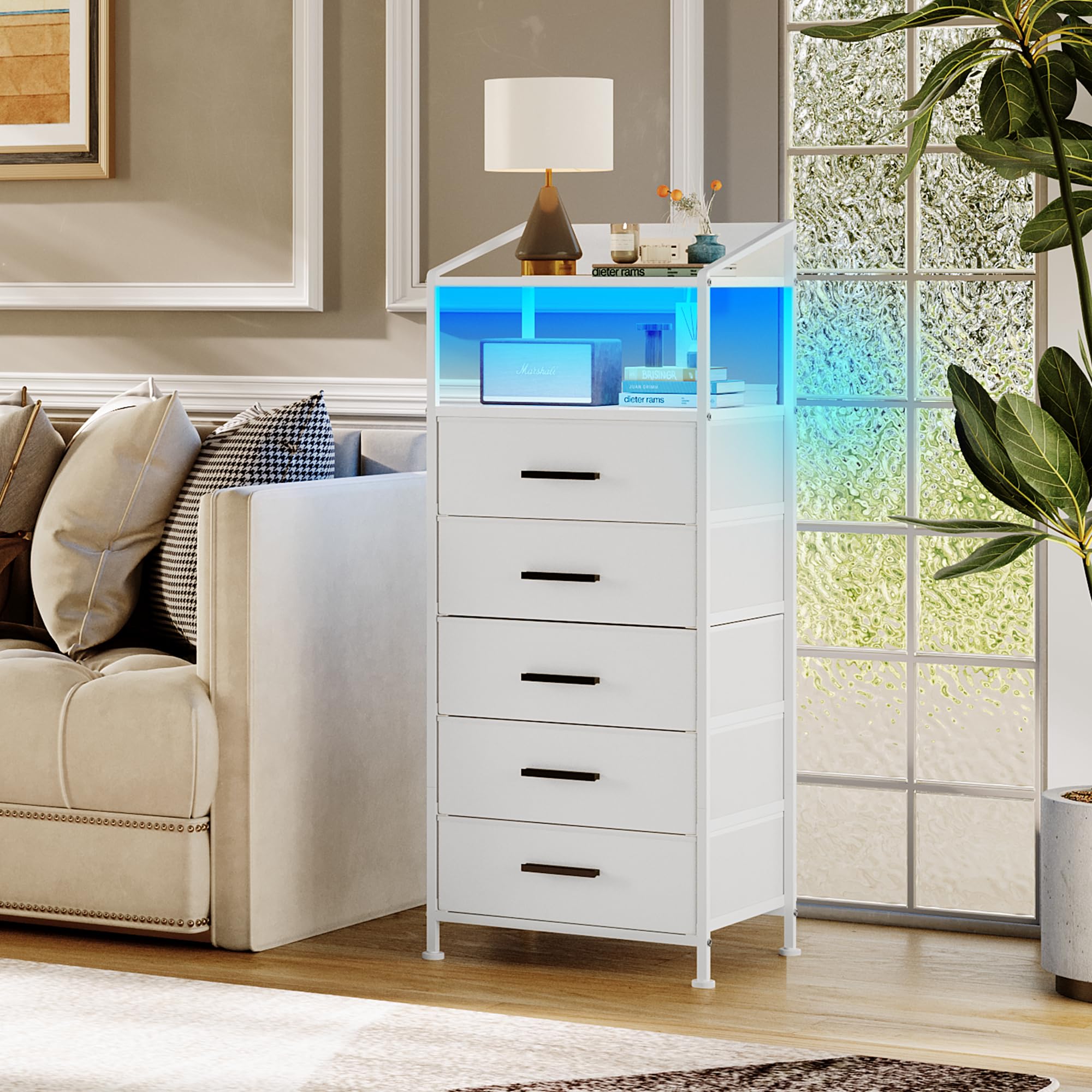 5-Drawer LED Nightstand with USB Charging Station & Fabric Drawers - White Vertical Dresser with Open Shelf for Bedroom, Hallway & Entryway - Perfect for Small Spaces & Modern Home Decor