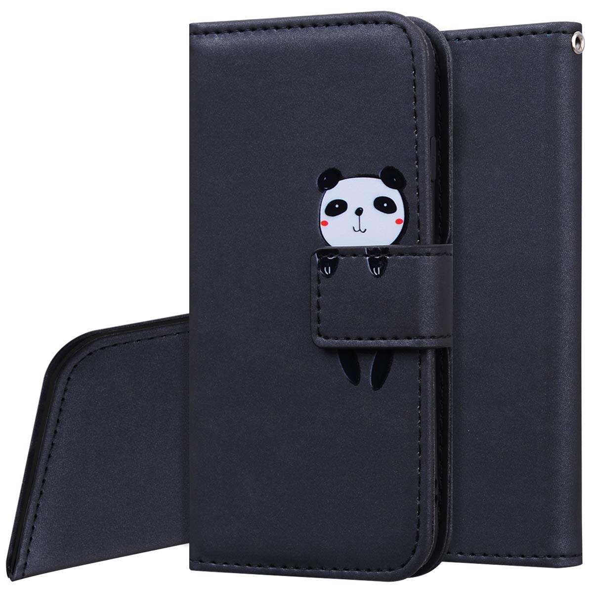PHEZEN Cute Cartoon Animal PU Leather Flip Case for Huawei P Smart - Wallet with Card Holders, Kickstand & Magnetic Closure | Shockproof TPU Interior Protective Cover (Black) - Perfect for Work, Travel & Daily Use
