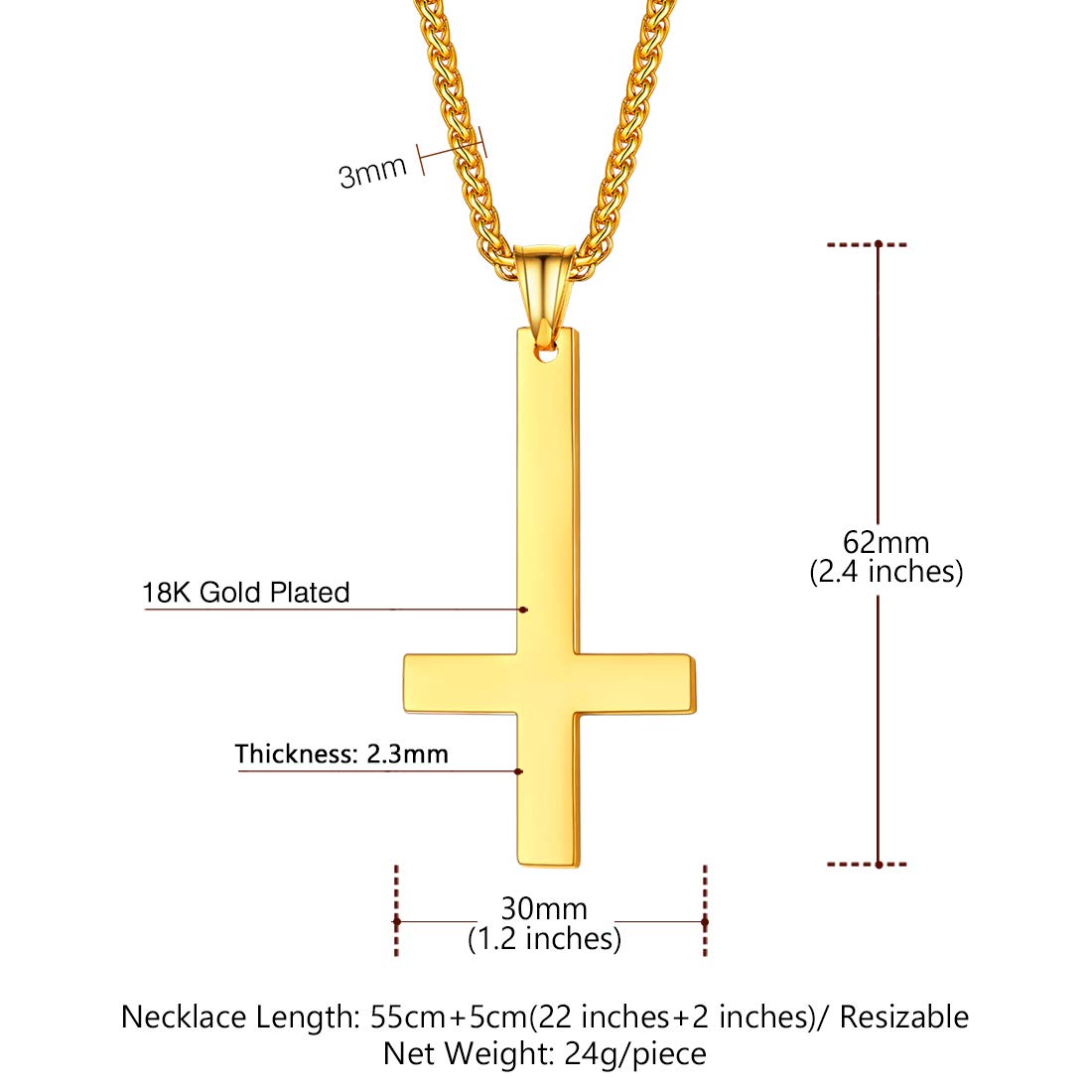 U7 Inverted Cross Necklace - Upside Down Cross Pendant in Stainless Steel, Gothic Devil Necklace with Baphomet Goat Head Charm for Men & Women - Perfect for Gothic Fashion, Rock Concerts and Alternative Style