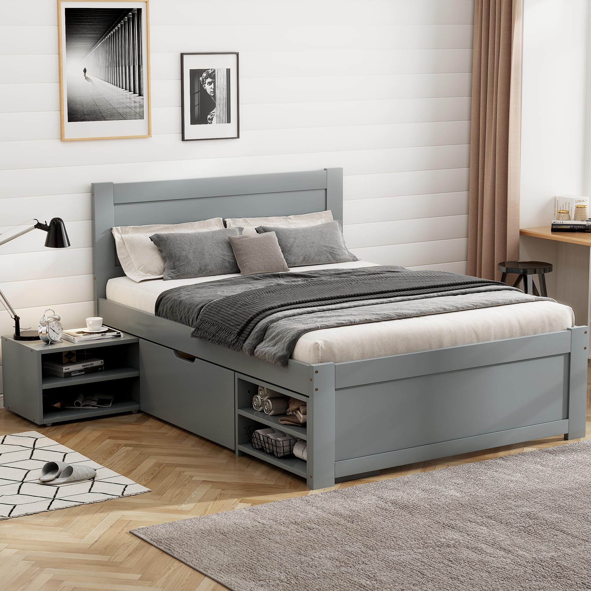 Merax Twin Size Wooden Platform Bed with Storage - Underbed Drawer, Shelves & Rolling Rack for Kids Bedroom - Space-Saving Grey Bed Frame for Boys and Girls | Perfect for Small Rooms, Dorms & Apartments