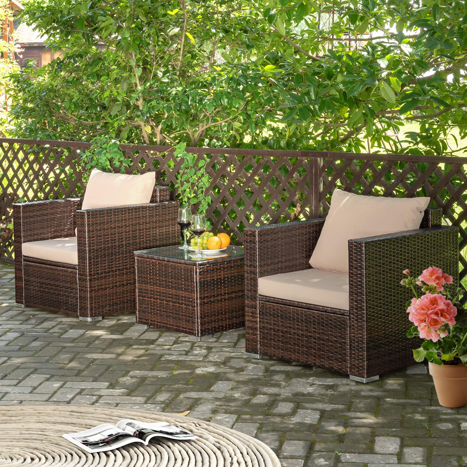 Tangkula 3-Piece Outdoor Patio Furniture Set with Washable Cushions & Tempered Glass Table - PE Wicker Rattan Sofa Set for Garden, Poolside, Balcony - Perfect for Relaxing, Entertaining & Outdoor Dining
