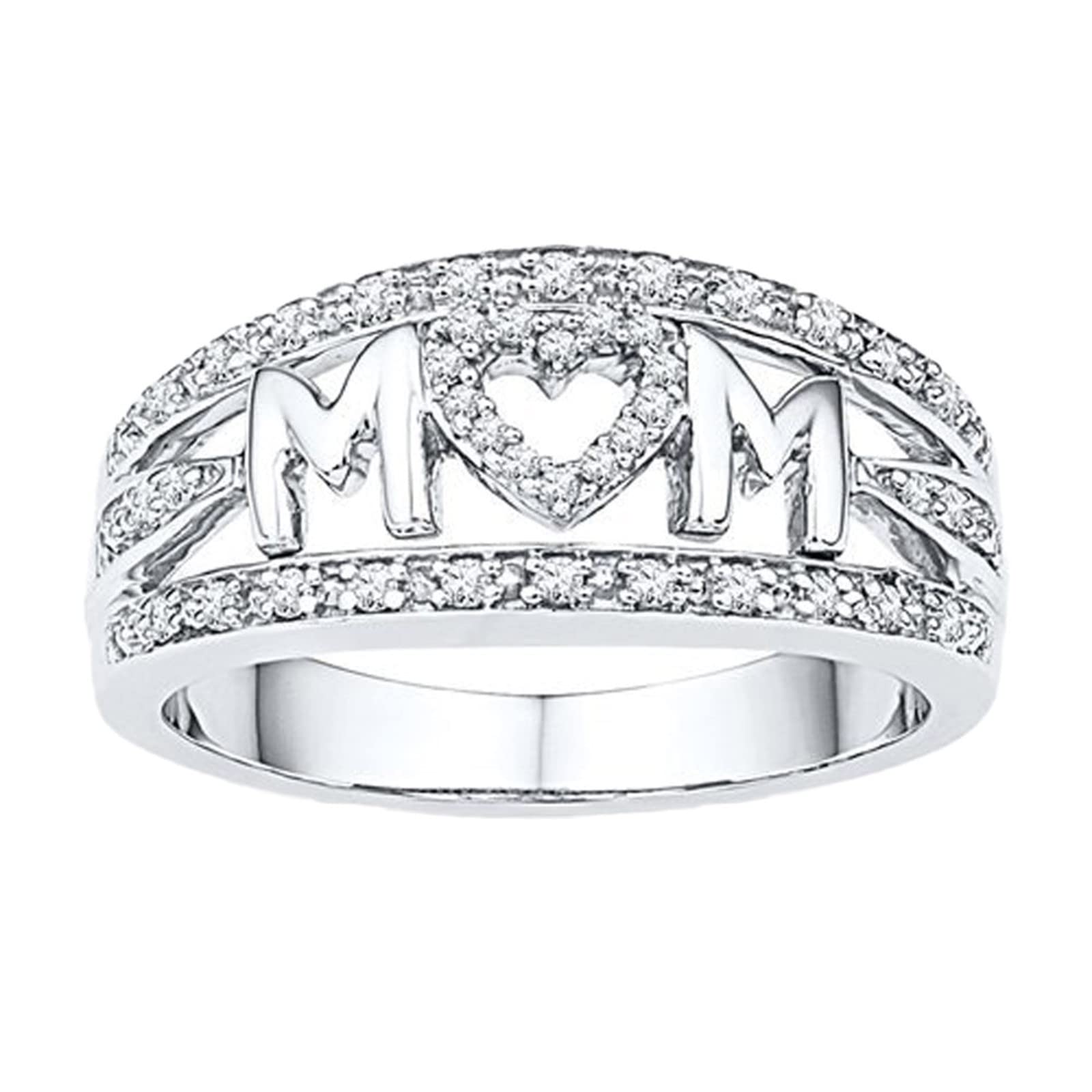 GserGdK Elegant White Gold Plated Rhinestone Heart Ring with MOM Letter - Perfect Mother's Day Gift Jewelry for Women & Girls | Valentine's Day, Anniversary, Birthday Present