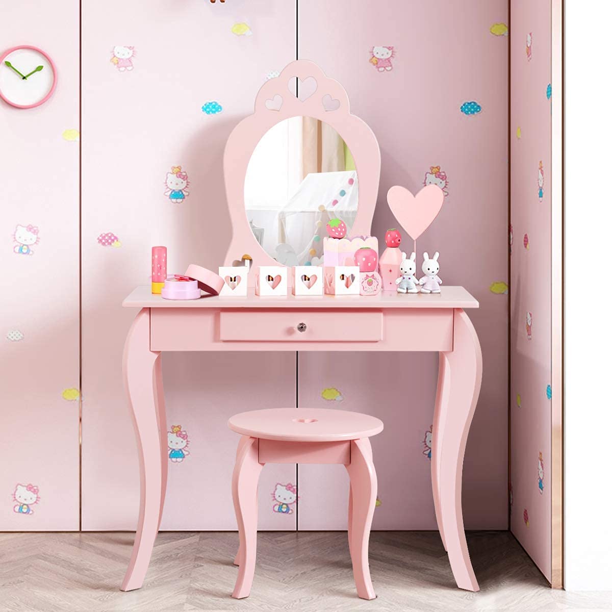 HONEY JOY Pink Kids Vanity Set with Mirror & Stool - Wooden Toddler Makeup Dressing Table with Removable Top & Drawer - Princess Pretend Play Beauty Set for Little Girls - Perfect for Birthday Gifts, Bedroom Decor & Role Play Activities