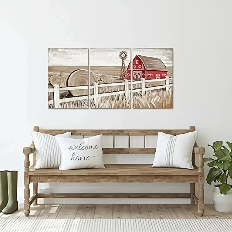 3-Piece Landscape Theme Metal Wall Art - Old Barn & Windmill Prints - Ready to Hang - Perfect for Farmhouse, Rustic & Country Home Decor