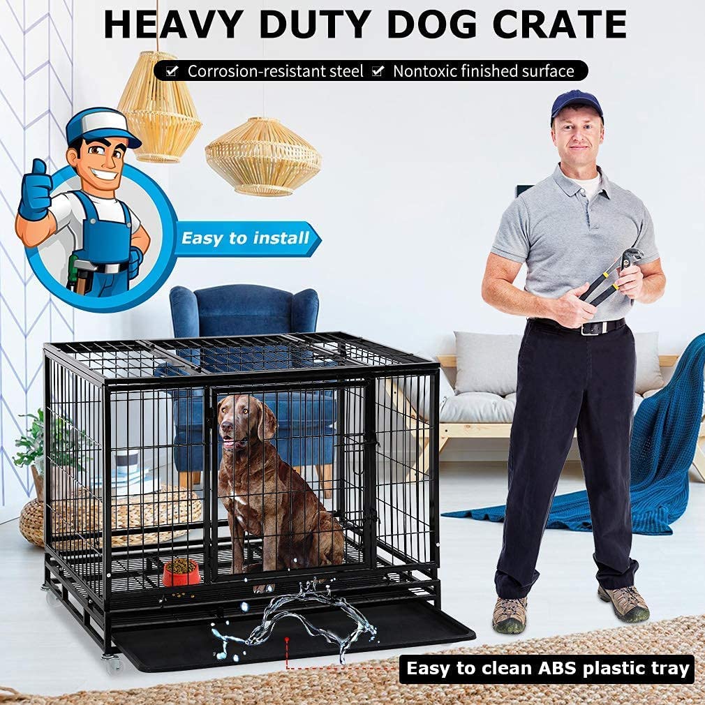 36 Inch Heavy Duty Dog Crate for Large Dogs - Indoor/Outdoor Pet Kennel with Double Doors, Secure Locks & Removable Plastic Tray | Perfect for Training, Travel & Home Use