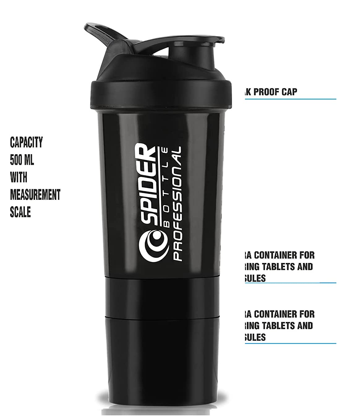Premium 500ml Stainless Steel Protein Shaker Bottle with Blender Ball - Gym & Sports Water Bottle for Workout, Bodybuilding & Fitness - BPA Free, Leak Proof (Black, Set of 1) - Ideal for Post-Workout Protein Shakes & Hydration On-The-Go