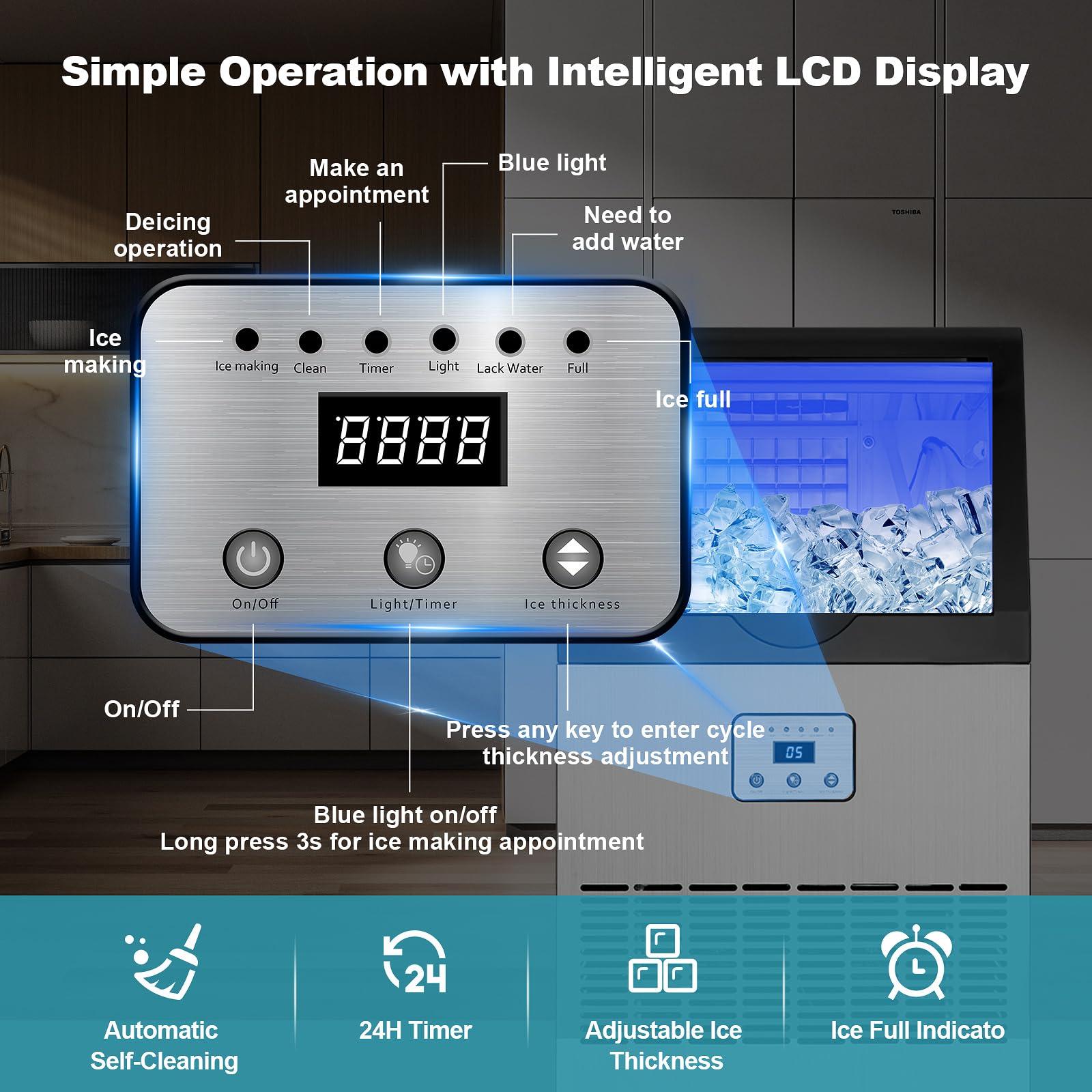 Commercial Ice Maker Machine 100lbs/24H with Auto Self-Cleaning & LED Digital Display - Under Counter or Freestanding Ice Machine for Home, Office, Restaurant, Bar - Perfect for Beverage Service, Parties and Food Preservation