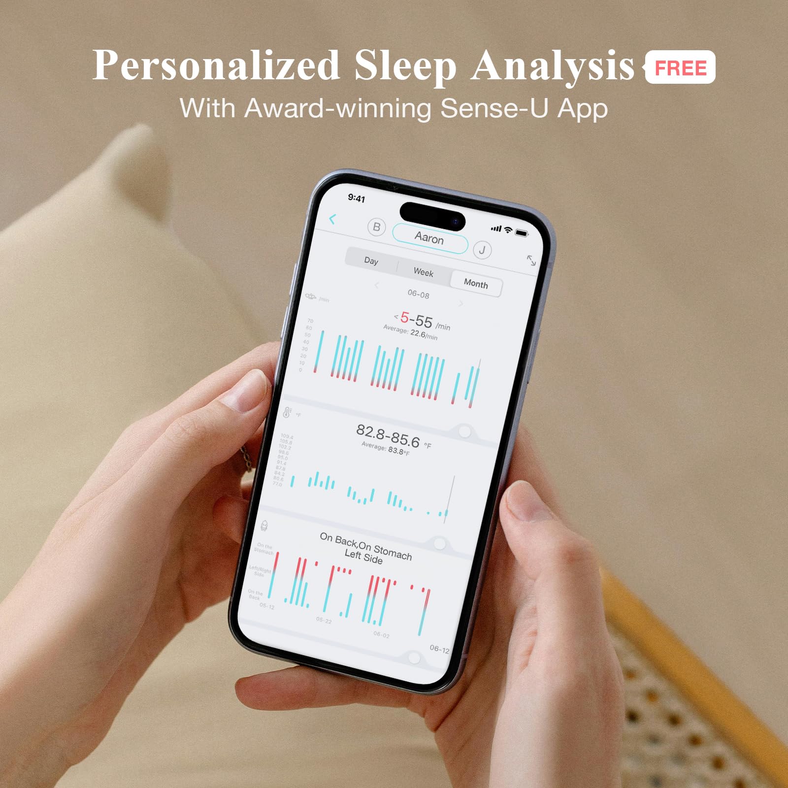 Sense-U Smart Baby Monitor Pro with Long Range, Arousal Vibration & App Alerts – Tracks Breathing, Rollover, Sleep Position & Temperature – Wearable Infant Sleep Tracker for Peace of Mind at Home or Travel