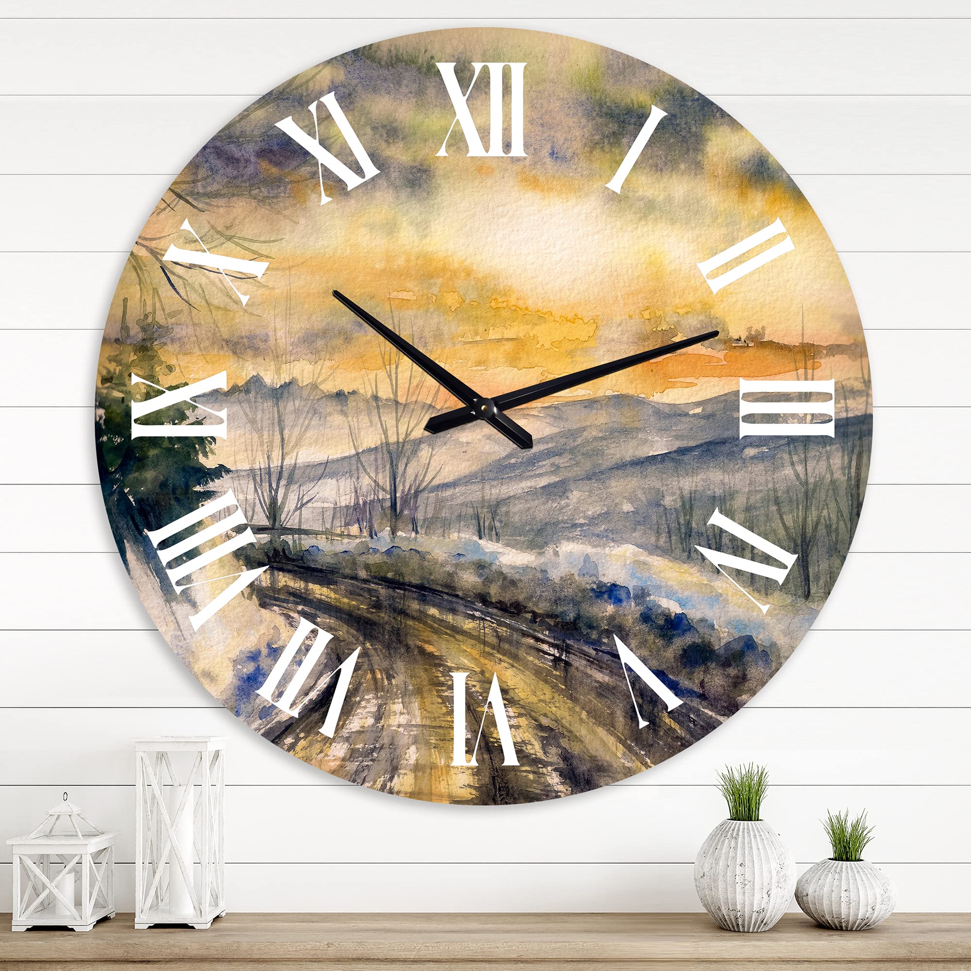 DesignQ Traditional Wall Clock - Winter Landscape with Road Under Bright Sunset - Large Decorative Clock for Kitchen, Living Room, Bedroom - Perfect for Home & Office Decor