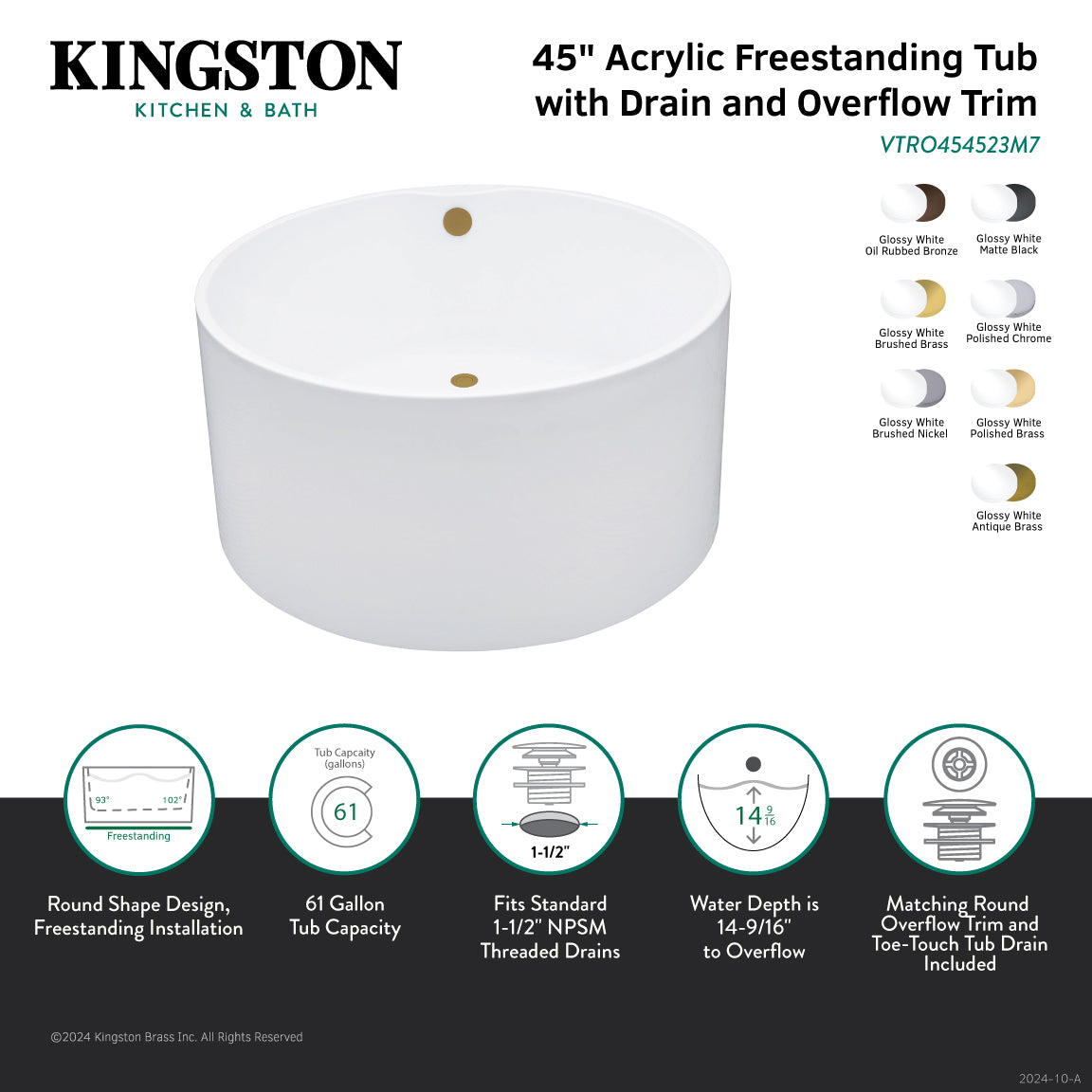 Aqua Eden 45 Inch Acrylic Round Freestanding Bathtub - Double Ended Soaking Tub with Overflow & Drain, Glossy White & Polished Brass Finish - Perfect for Luxury Bathrooms & Spa Retreats