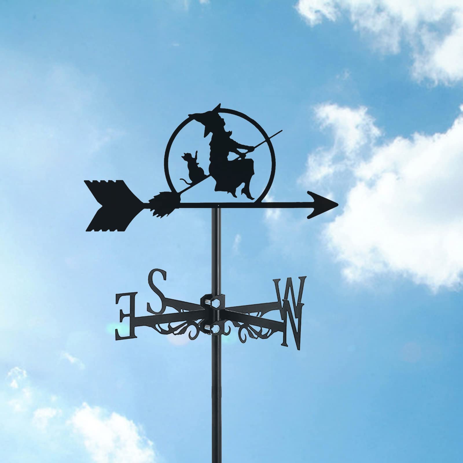 **Stainless Steel Weathervane with Roof Mount - Durable Weathercock & Witch Decor for Garden, Patio, Yard - Direction Indicator & Measuring Tool (Black, Witch & Cat Design) - Perfect for Outdoor Decor, Farmhouse Style, and Gothic Themed Gardens**