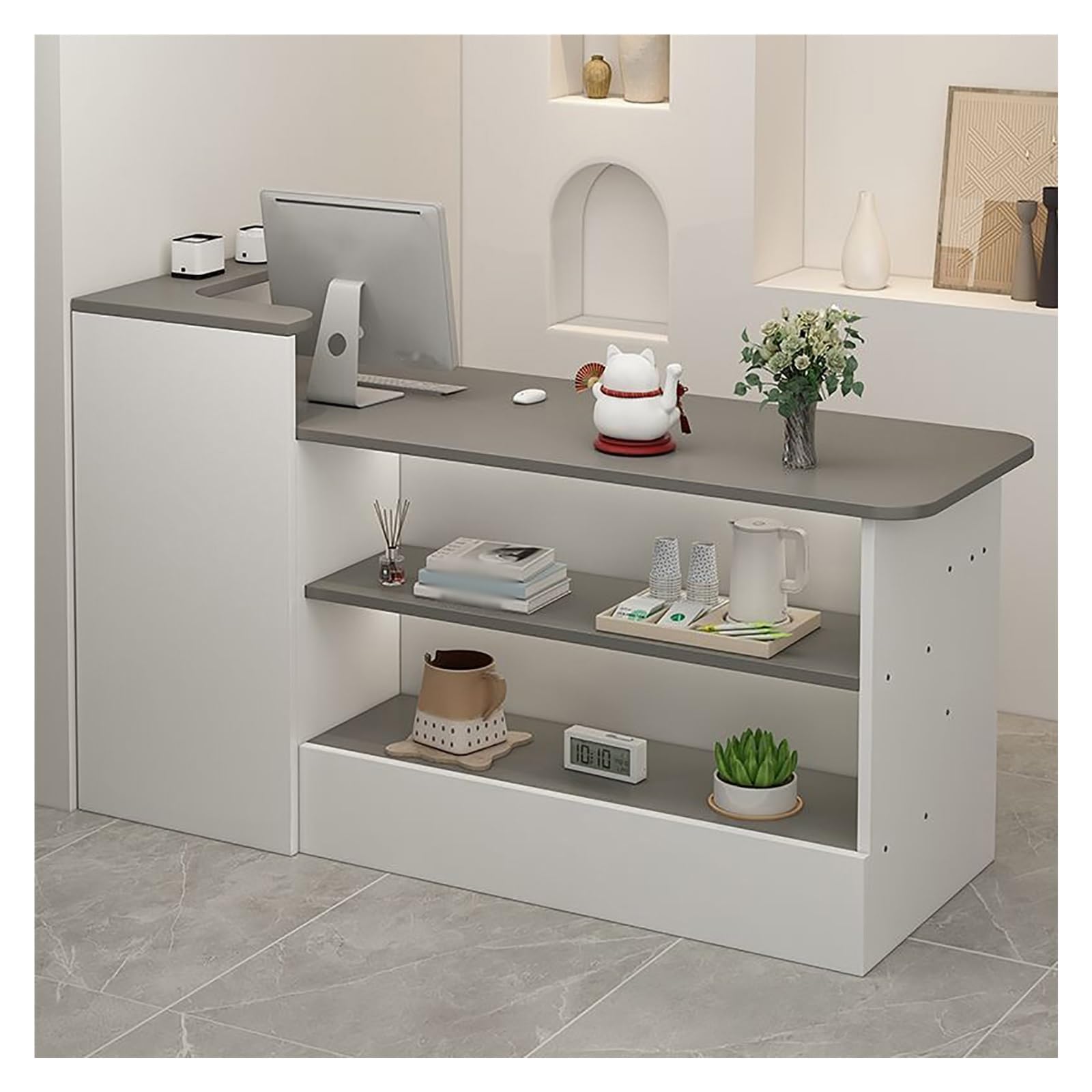 Modern Reception Counter Desk with Display Shelf & Drawers - Stylish Retail Front Desk for Checkout, Lobby, Salon, Store, Clinic & Office - Perfect for Beauty Salons, Retail Shops and Professional Reception Areas